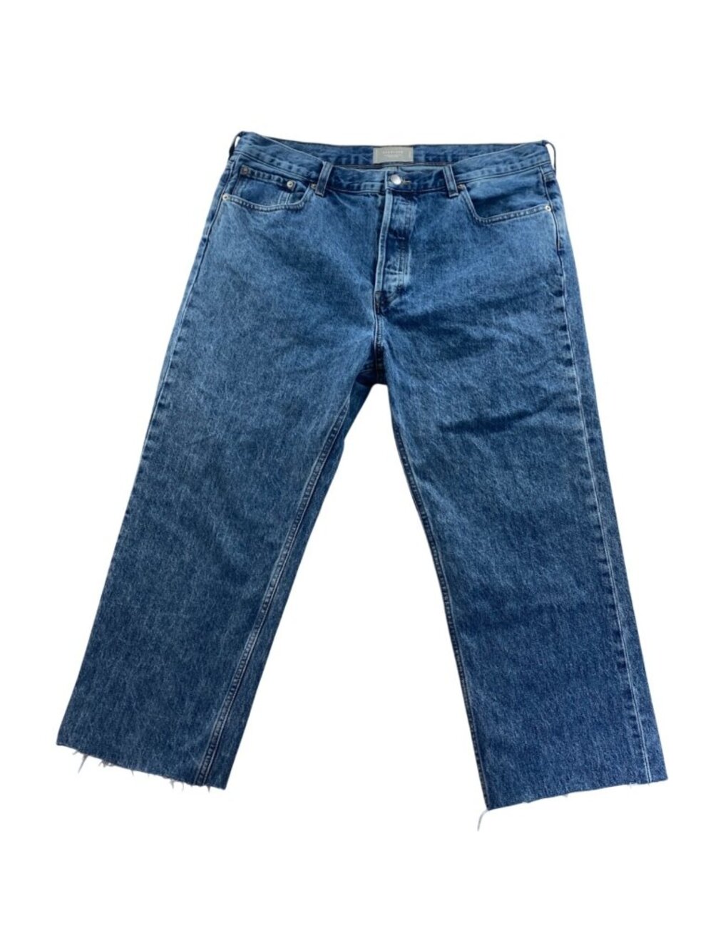 Everlane Relaxed Straight Jeans Size 32 Blue Denim Button Fly 23" Inseam Raw Hem